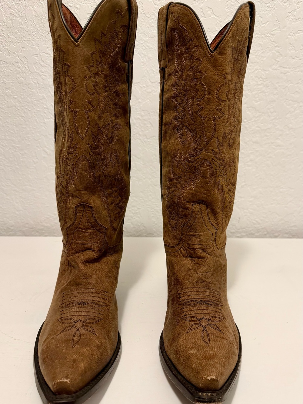 Dan Post Classic Tall Brown Leather Cowboy Boots - Embroidered Western Design